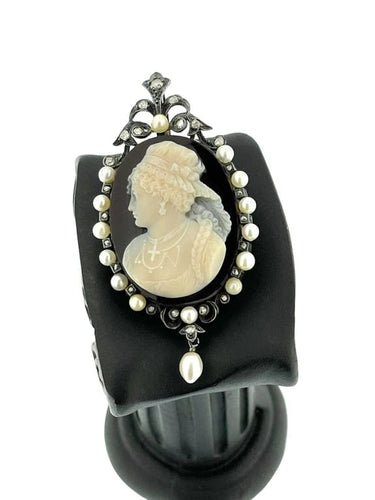 Pendentif Camée victorien - Pendentif en or blanc 18 carats, argent, perles et diamants 58 Facettes