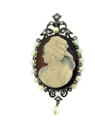 Pendentif Camée victorien - Pendentif en or blanc 18 carats, argent, perles et diamants 58 Facettes