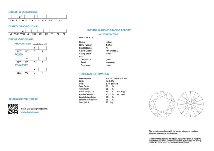 Gemstone Diamant certifié HRD - Pierre taille brillant 1,57 ct 58 Facettes