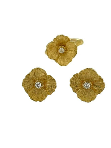 Bague 57 Parure fleur design - Bague et boucles d’oreilles en or jaune 18 carats avec diamants 58 Facettes