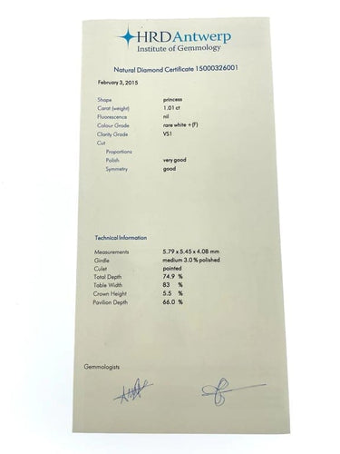 Gemstone Diamant naturel certifié HRD 1,01 ct taille princesse 58 Facettes