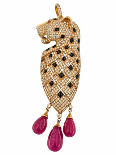 Pendentif Pendentif panthère en or rose 18 carats avec diamants, onyx et rubis 58 Facettes