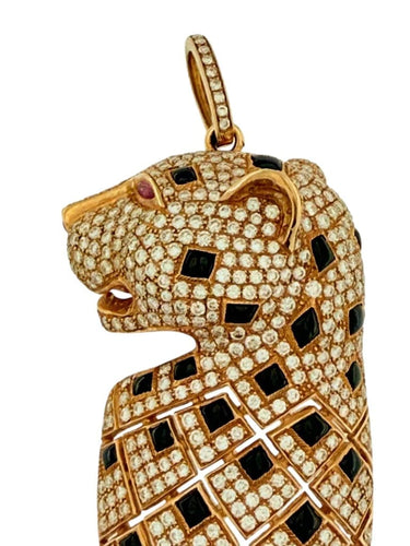 Pendentif Pendentif panthère en or rose 18 carats avec diamants, onyx et rubis 58 Facettes
