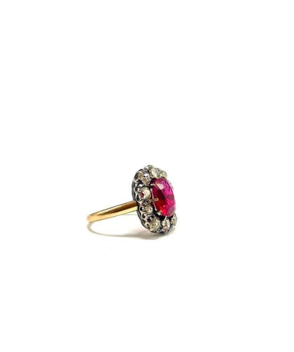Bague 54 Bague en or jaune 18k avec rubis synthétique et 10 diamants 58 Facettes