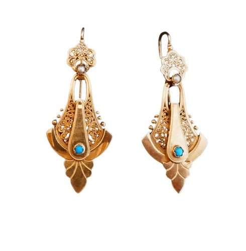 Boucles d'oreilles Napoléon III - Boucles d'oreilles en or rose, perles et turquoises 58 Facettes