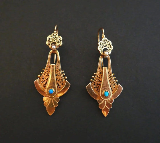 Boucles d'oreilles Napoléon III - Boucles d'oreilles en or rose, perles et turquoises 58 Facettes
