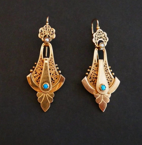 Boucles d'oreilles Napoléon III - Boucles d'oreilles en or rose, perles et turquoises 58 Facettes
