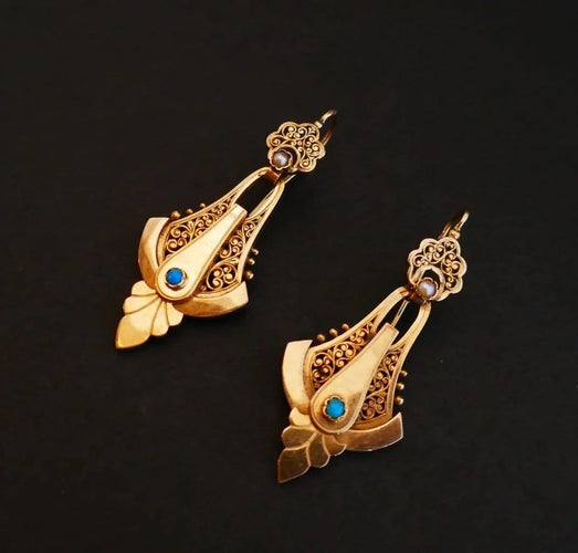 Boucles d'oreilles Napoléon III - Boucles d'oreilles en or rose, perles et turquoises 58 Facettes
