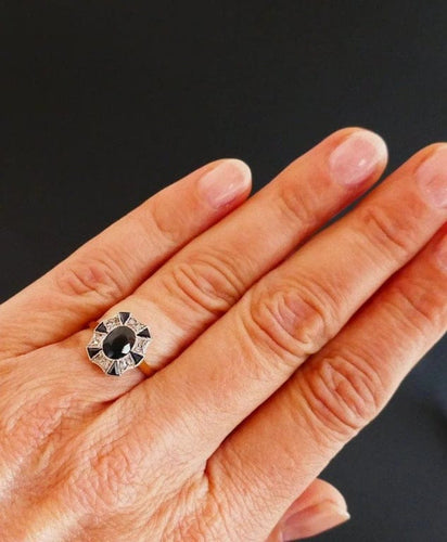 Bague 52 Bague Art déco saphir et diamants en or jaune et or blanc 18 carats 58 Facettes