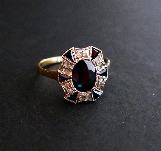 Bague 52 Bague Art déco saphir et diamants en or jaune et or blanc 18 carats 58 Facettes