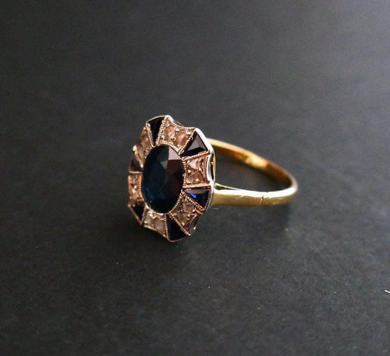 Bague 52 Bague Art déco saphir et diamants en or jaune et or blanc 18 carats 58 Facettes