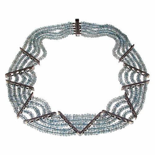 Collier Collier en or blanc 18 carats avec aigue-marine et diamants 58 Facettes IG-200141