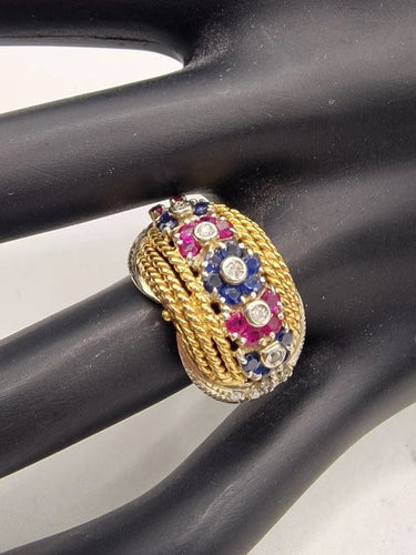 Bague 49.5 Bague torche vintage en or blanc et jaune 18 ct avec saphirs, rubis et diamants 58 Facettes