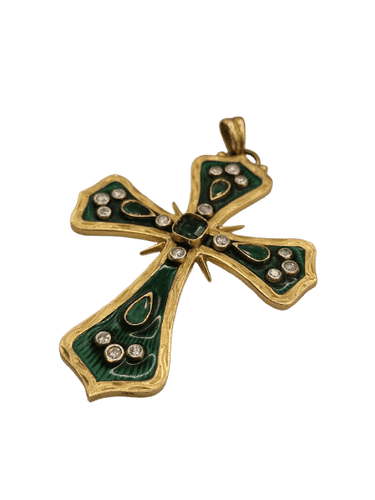 Pendentif Pendentif croix vintage en or jaune et diamants, émeraudes 58 Facettes