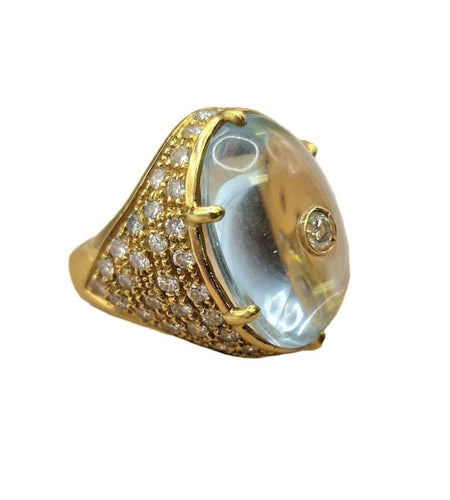 Bague 47.5 Bague style Trombino années 1980 en or jaune, aigue-marine et diamants 58 Facettes
