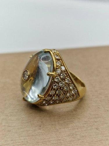 Bague 47.5 Bague style Trombino années 1980 en or jaune, aigue-marine et diamants 58 Facettes