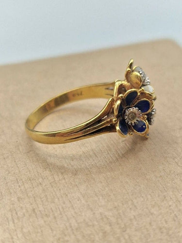 Bague 54 Bague vintage motif bouquet de fleurs en or jaune 18 carats et émail 58 Facettes