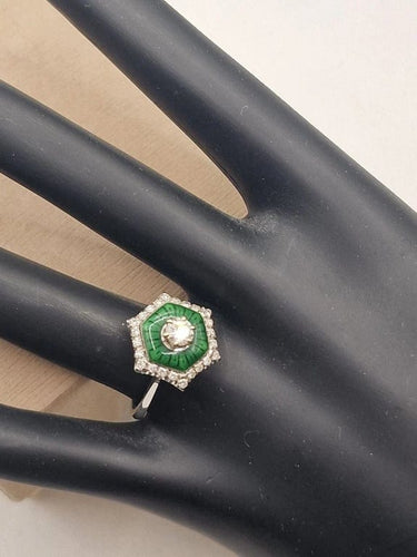 Bague 55 Bague solitaire en or blanc 18 carats avec diamant et émail vert 58 Facettes