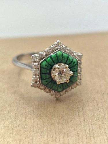 Bague 55 Bague solitaire en or blanc 18 carats avec diamant et émail vert 58 Facettes