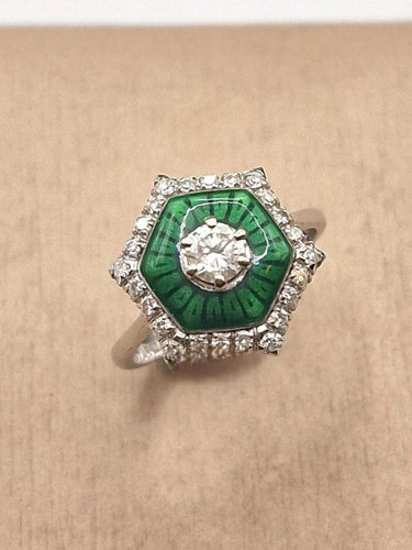 Bague 55 Bague solitaire en or blanc 18 carats avec diamant et émail vert 58 Facettes