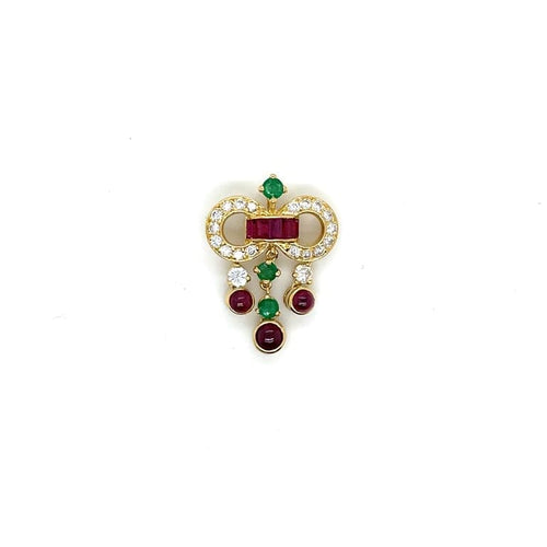 Pendentif Pendentif nœud en or jaune 18 ct rubis, émeraudes et diamants 58 Facettes