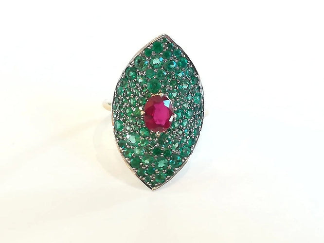 Bague 53 Guy Baruch - Bague marquise en or jaune avec rubis et émeraudes 58 Facettes