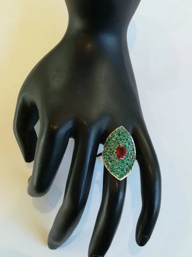 Bague 53 Guy Baruch - Bague marquise en or jaune avec rubis et émeraudes 58 Facettes