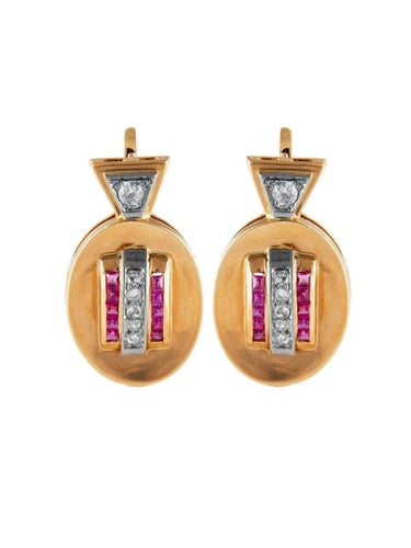 Boucles d'oreilles Boucles d’oreilles Tank circa 1940 en or rose et platine, diamants et rubis 58 Facettes
