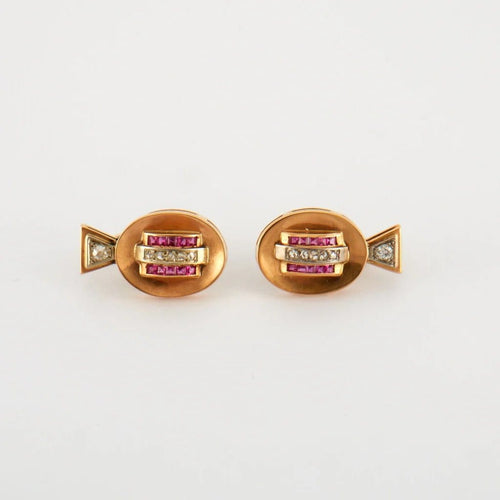 Boucles d'oreilles Tank - Boucles d'oreilles en or rose, platine, diamants et rubis 58 Facettes