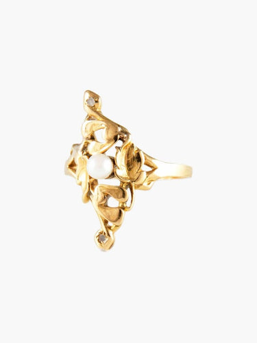 Bague 57 Bague Art Nouveau en or jaune 750, perle et diamants 58 Facettes