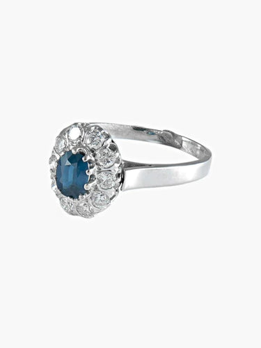 Bague 57 Bague Pompadour ancienne en or blanc avec saphir et diamants 58 Facettes