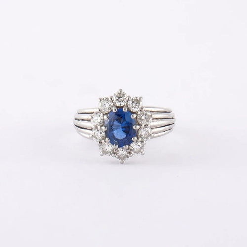 Bague 60 Bague chevalière jonc marguerite en platine, saphir et diamants 58 Facettes