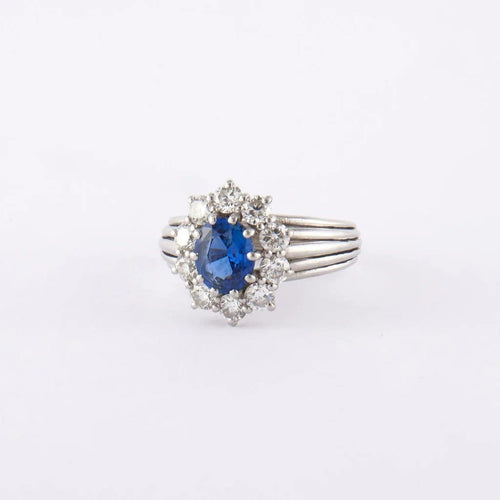 Bague 60 Bague chevalière jonc marguerite en platine, saphir et diamants 58 Facettes