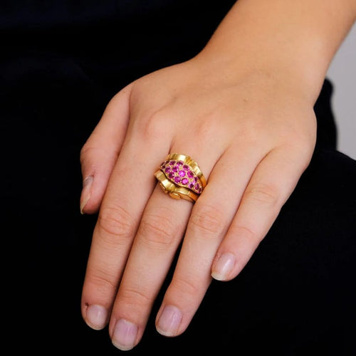 Bague 61 Bague tank ancienne en or rose 18 rubis 58 Facettes