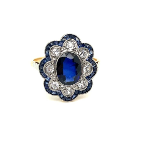 Bague 59 Bague Pompadour Art déco en or jaune et or blanc, saphir et diamants 58 Facettes