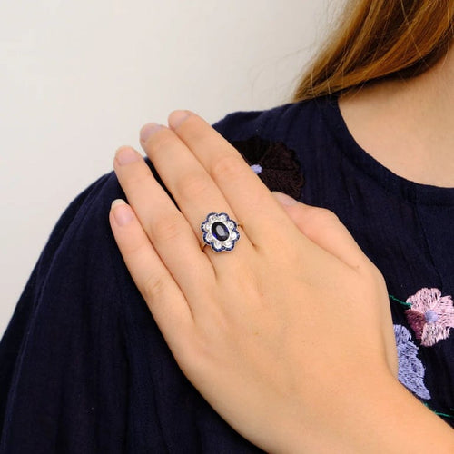 Bague 59 Bague Pompadour Art déco en or jaune et or blanc, saphir et diamants 58 Facettes