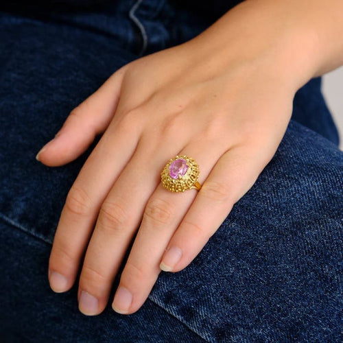 Bague 49.5 Bague vintage en or jaune 18 carats, pierre rose synthèse 58 Facettes