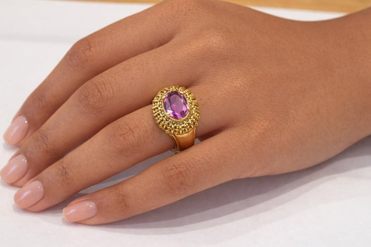 Bague 49.5 Bague vintage en or jaune 18 carats, pierre rose synthèse 58 Facettes