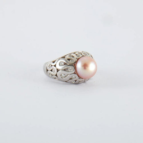 Bague 52.5 Bague jonc - Perle rose et diamants en or blanc 18 ct 58 Facettes