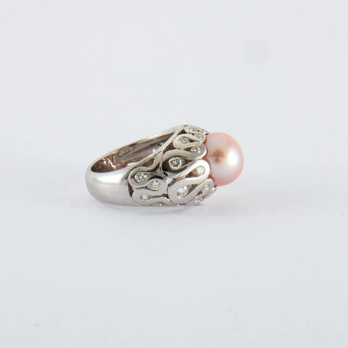 Bague 52.5 Bague jonc - Perle rose et diamants en or blanc 18 ct 58 Facettes