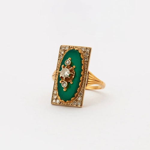 Bague 52 Bague Napoléon III en or jaune, platine, agate verte et diamants 58 Facettes