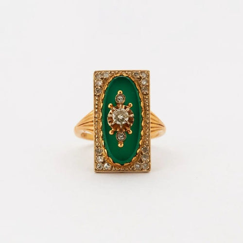 Bague 52 Bague Napoléon III en or jaune, platine, agate verte et diamants 58 Facettes