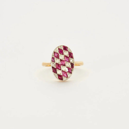 Bague 50 Art déco - Bague arlequin en or jaune, or blanc, diamants et rubis 58 Facettes