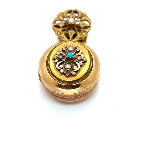 Pendentif Napoléon III - Pendentif porte-photo en or jaune, turquoise et perles 58 Facettes