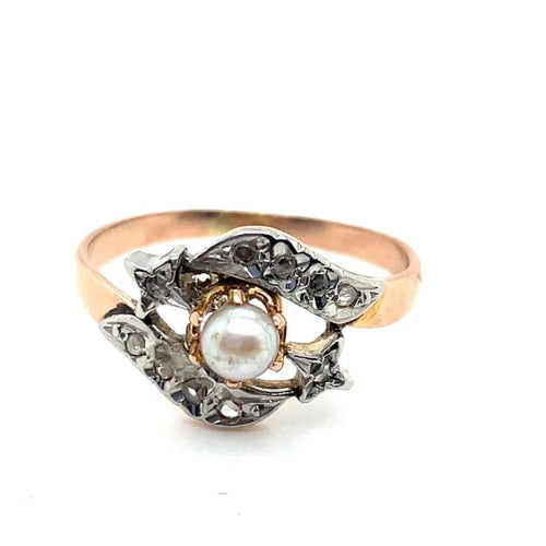 Bague 52 Bague ancienne - Deux ors 18K avec perle et diamants 58 Facettes