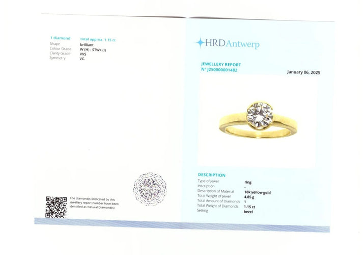 Bague 52 Bague solitaire en or jaune 18 carats avec diamant 1,15 ct HRD 58 Facettes