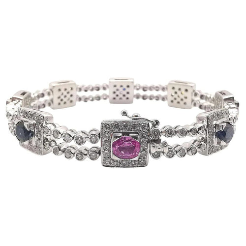 Bracelet Bracelet en or blanc 18 carats saphirs multicolores et diamants 58 Facettes Bracelet or blanc saphirs diamants certifié HRD Anvers
