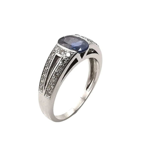 Bague 58 Bague en or blanc 18 carats avec saphir ovale et diamants 58 Facettes