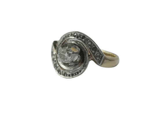 Bague 50 Bague Tourbillon en or jaune 18 carats et platine sertie de diamants 58 Facettes