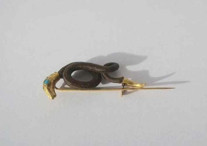 Broche Broche serpent XIXe en cheveux, or rose et turquoise 58 Facettes